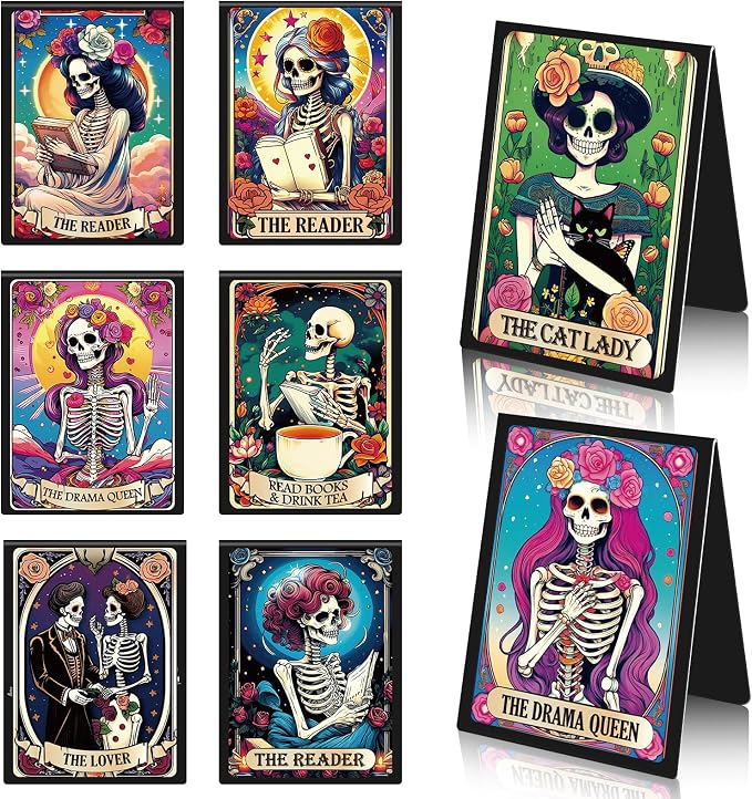 Tarot Skeleton Magnetic Bookmark Gifts - Wxiben 8 Pcs Gothic Skeleton Bookmarks Magnetic for Women Funny Skull Flower Magnets Book Markers Page Clip Gifts for Women Students Teacher Reader Office