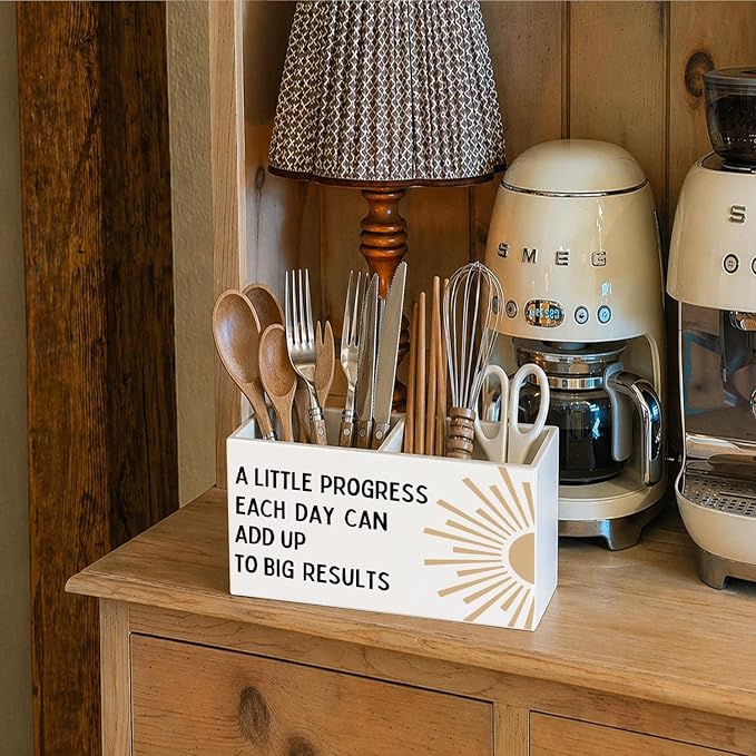 Boho Classroom Pen Pencil Holder for Desk, A Little Progress Each Day Can Add Up To Big Results Motivational Wooden Box Sign Decorations for Kids Room Bedroom Playroom Desk Tabletop