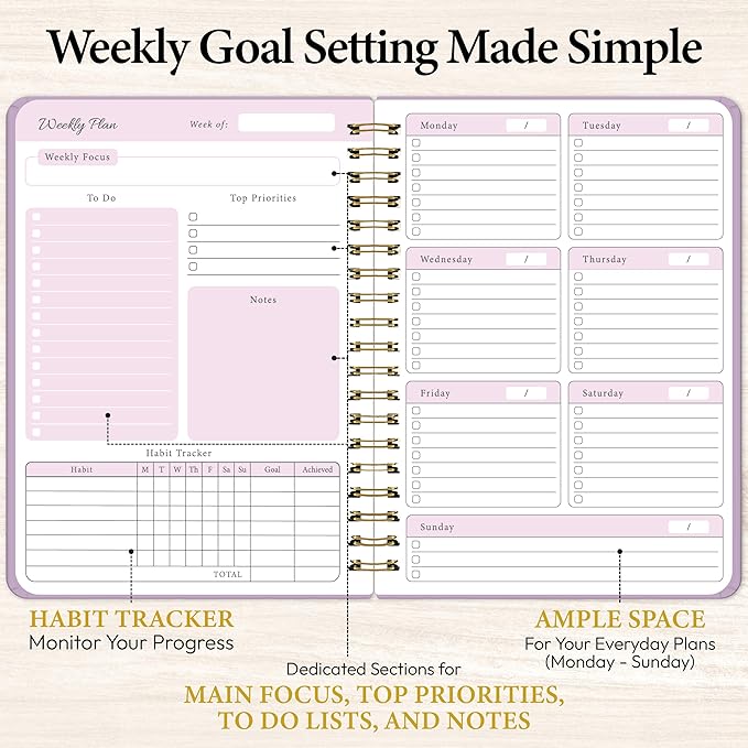 Undated Weekly Planner – Minimalist Notebook for Work, Home & Daily Writing | Simple Matte Planner for Goals, Appointments, Notes & Productivity, Elegant Cardstock Pages, Purple