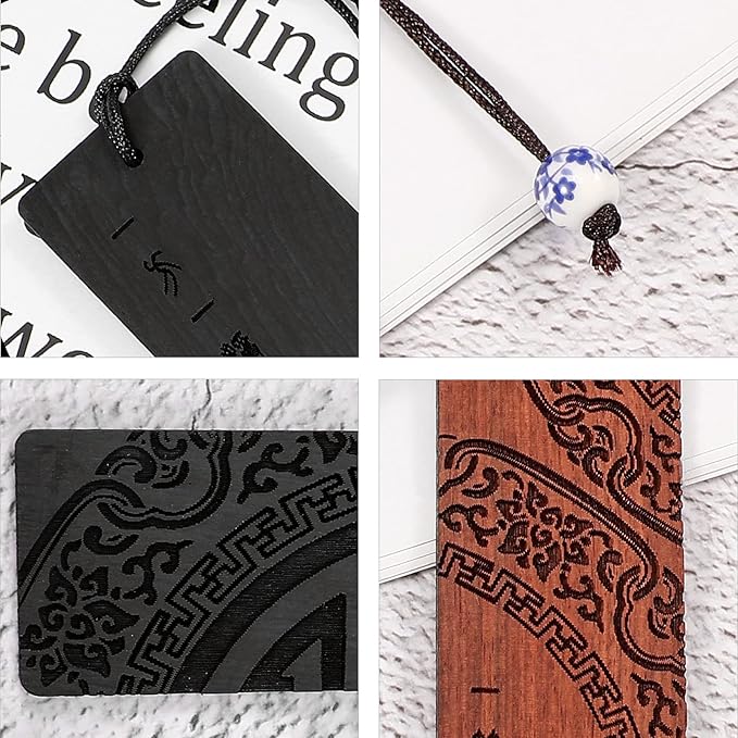 Outus 4 Pieces Wooden Bookmarks for Men Women Employee Father's Day Appreciation Gifts for Men Back to School Gifts Vintage Handmade Natural Carving for Book Lovers Birthday(Traditional Style)