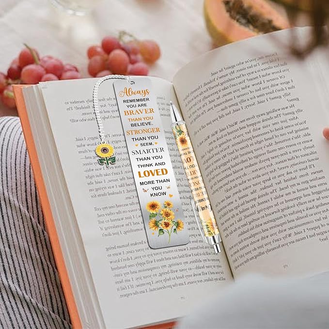 Inspirational Sunflower Bookmarks and Pen Set, Bookish Gifts for Reading Women Teens Girls Book Lovers