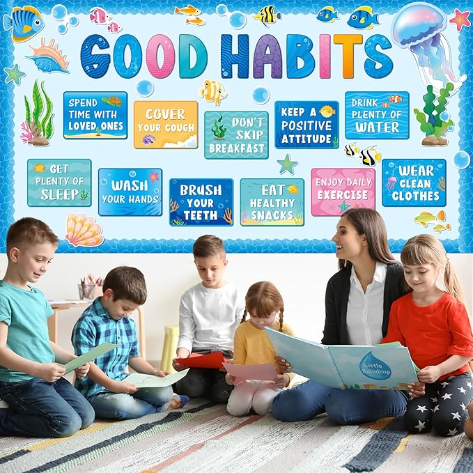 Ctosree 60 Pcs Summer Ocean Sea Healthy Bulletin Board Decorations Set Healthy Poster Jellyfish Fish Seaweed Shells Good Habits Cutouts for Classroom School Office Chalkboard Wall Supply