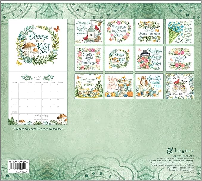 Legacy Publishing Group 2026 Wall Calendar 12-Month Schedule Organizer 12 x 13 Inch Paper With Brass Grommet Kindness Matters