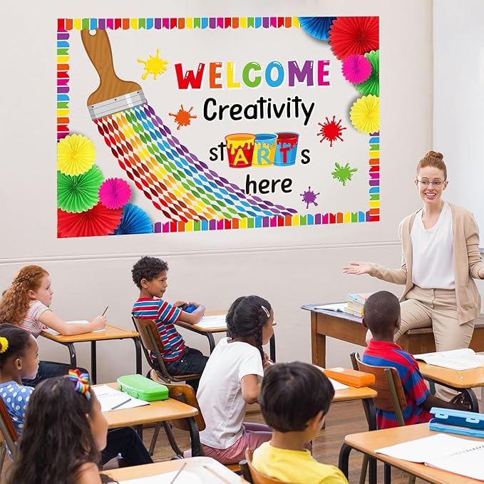 Pasimy Art Painting Bulletin Board Decorations Welcome Back Art Classroom Decor Rainbow Paintbrush Cutouts DIY Crepe Paper Rolls with Colorful Paper Fans for Wall Door Back to School Supplies