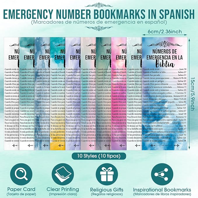 Feifeiya 50 Sets Christian Fathers Day Gifts Bulk Religious Pens Bible Verse Emergency Numbers Bookmark Scripture Catholic Gift for Women Men Church Welcome Sunday School(Watercolor,Spanish)