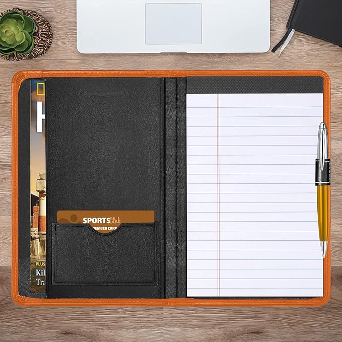 Lcjtop Padfolio/Portfolio Binder, Mini Padfolio Portfolio Binder 5 x 8 Legal Writing Pad, A5 Document Organizer Folder for Men Women, Orange