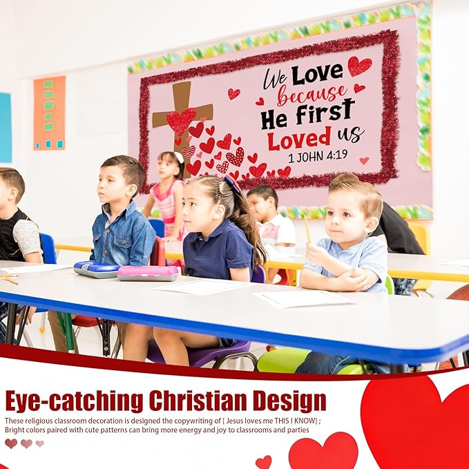 Fuutreo 44 Pcs Valentine's Day Christian Bulletin Board Decor We Love Because He First Loved Us Christian Jesus Bulletin Board Religious Heart Cutouts with Tinsel Twist Garland for Valentine Decor