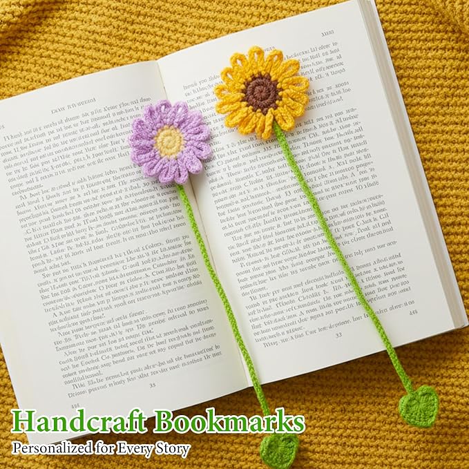 Ouligay 6 Pack Crochet Bookmarks for Women Daisy Sunflower Book Marker Personalized Handmade Cute Bookmark Gifts for Book Lovers and Teachers,Bag Charms,Keychain