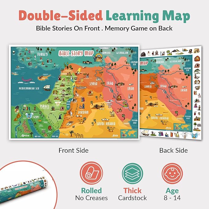 Bible Story Map Poster – Large Double-Sided (27" x 37") Sunday School Decorations for Classroom - Biblical Map of Israel and Holy Land for Bulletin Board – Includes Educational Games & Memory Activities on one side. 70 illustrated Bible Story Images an...
