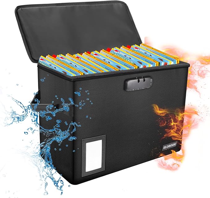 Comic Book Storage Box, Fireproof & Water-Resistant Comic Book Box with Lock and Label Window, Moistureproof Comic Short Box with Fire Zipper Holds 150-175 Comics,Heavy Duty Bin Black