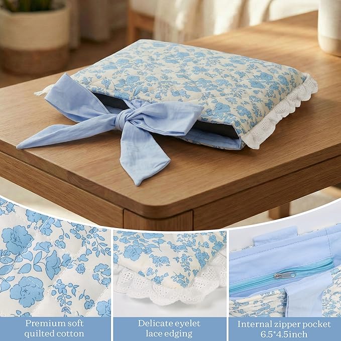 Vintage Blue Floral Quilted Bible Cover for Women – Fits Standard Size Bible Book Padded Protector Washable Cotton Bag with Elegant Lace Trim & Bow Handle – Includes Interior Zipper Pocket