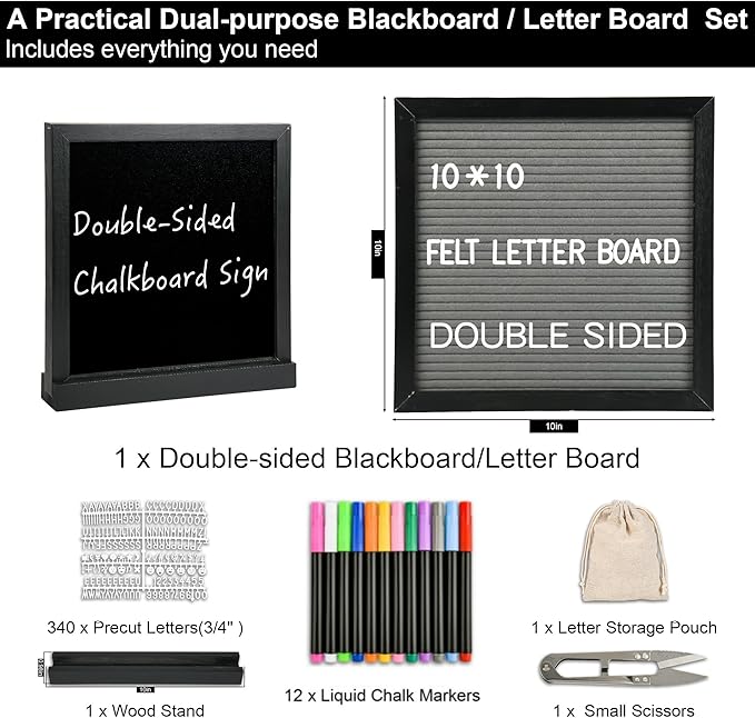 10" x 10" Double Sided Chalkboard Sign with Stand, Small Chalk Board Blackboard Wood Frame Felt Letter Board with 12 Chalk Markers and 340 Letters (Black)