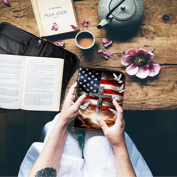 Bible Cover for Men Women,Large Leather Bible Case Fit Book Up to 11x8x2 Inch,American Flag with Cross Dove Bible Covers Bible Study Carrier Church Bags w/Handle & Zipper