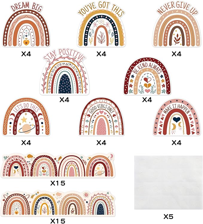 BeYumi 62Pcs Back to School Boho Rainbow Positive Sayings Cutouts Motivational Boho Rainbow Classroom Bulletin Borders Trim Decorations Set for School Home Wall Decor