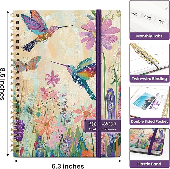 Planner 2026-2027, Academic Monthly and Weekly Calendar Planner for Women, July 2026 - June 2027, Hardcover Pretty Agenda Planner Book with Tabs, Spiral Daily Organizer for School Office Home Supplies, 6.3" x 8.5" - Hummingbird Garden