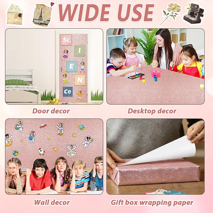 Glitter Bulletin Board Paper Roll Sparkle Wrapping Paper Bulletin Board Decor Glitter Poster Gift Wrapping DIY Art Crafts Wallpaper Background for Home Office Classroom Decoration 17"x20ft, Rose Gold