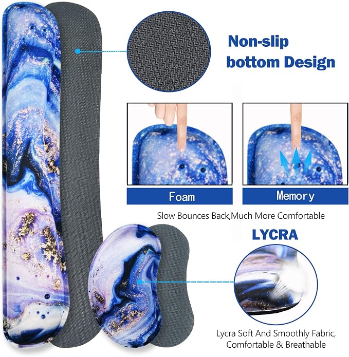 ARTSO Large Gaming Mouse Pad, Keyboard Wrist Rest Pad & Wrist Support Mousepad Set, Stitched Edge, Extended, Non-Slip Base, Memory Foam,Multifunctional Desk Mat 4pcs for Office & Home, Purple Marble