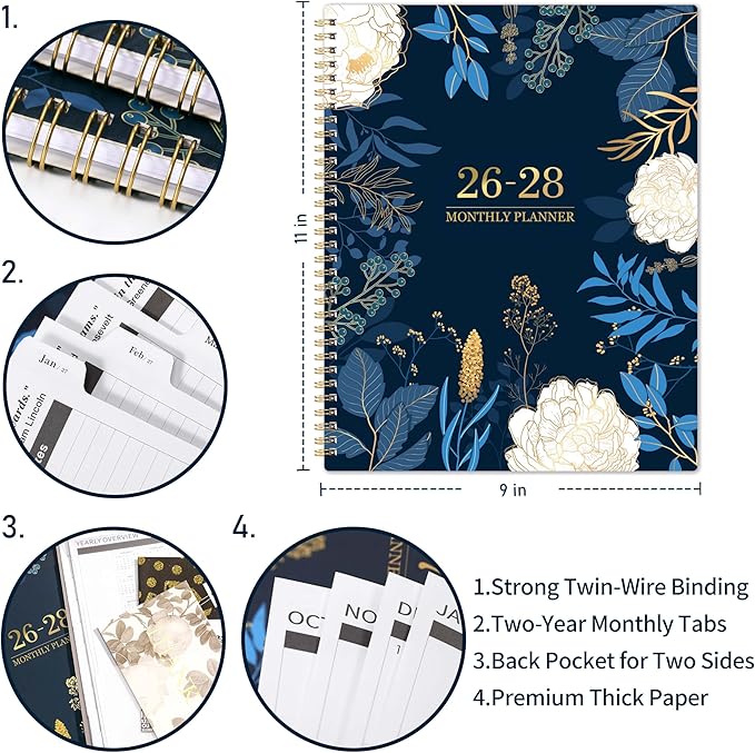 2026-2028 Monthly Planner - 2 Year Monthly Planner/Calendar 2026-2028, July 2026 - June 2028, 11" x 9", 24 Monthly Planner with Tabs, Back Pocket, Holidays, Twin-Wire Binding, Note Pages