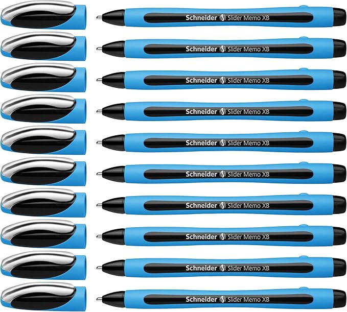 Schneider Slider Memo XB (Extra Broad) Ballpoint Pen, 1.4 mm, Light Blue Barrel, Black Ink, Box of 10 Pens (150201)