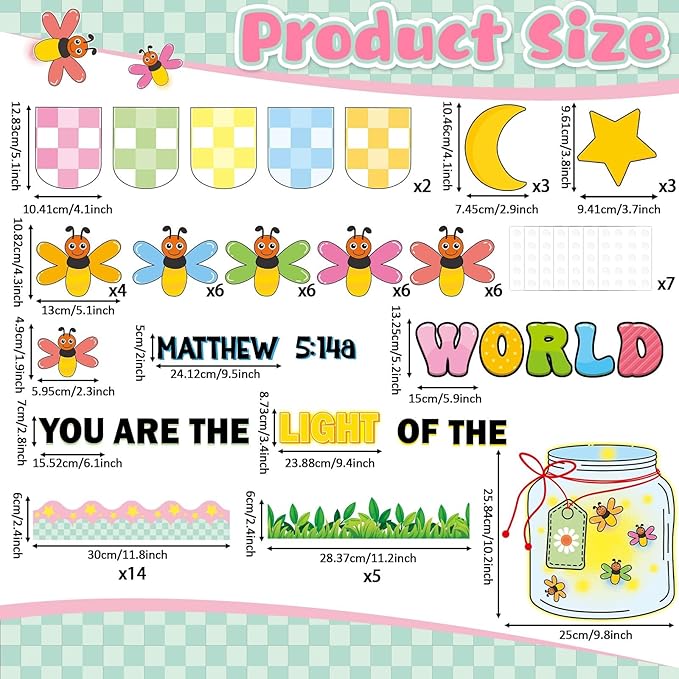 Christian Religious Bulletin Board Let Your Light Shine Bible Verse Bulletin Board Decorations Mason Jar Cutouts Firefly Name Tags for Sunday School Church Back to School Chalkboard Door Supplies