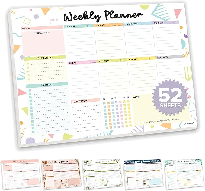 Decorably 52 Sheets Colorful Pastel Weekly To Do List Notepad - 6.5x10" Spring-Bound Planner Pad, Easy Tear-Off for Priorities, Habit Tracker, Focus & Notes - Home, School, Office