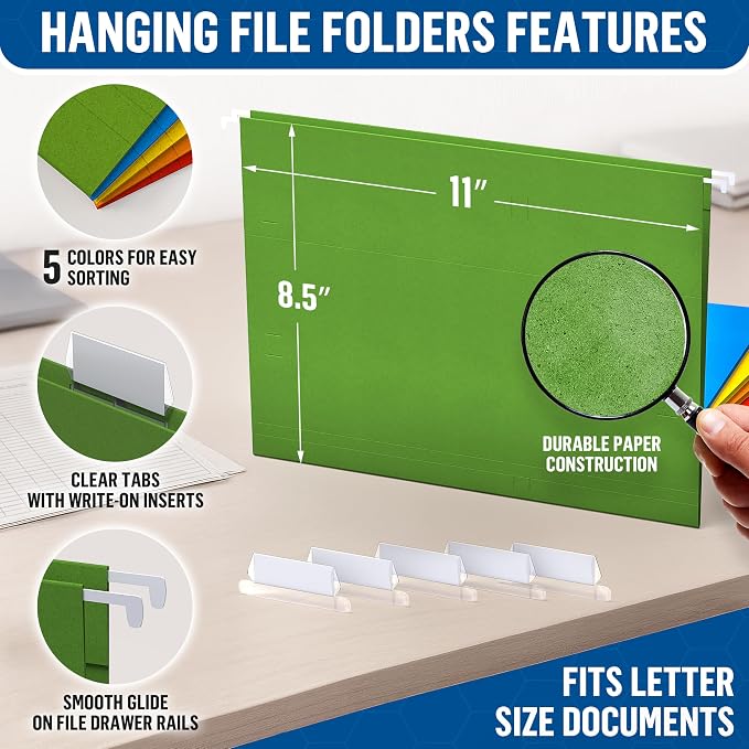 100 Pack Hanging File Folders Letter Size - File Folders Hanging with Tabs - File Cabinet Folders - Letter Size Hanging File Folder - Hanging Folders for Filing Cabinet - Colored Hanging File Folders