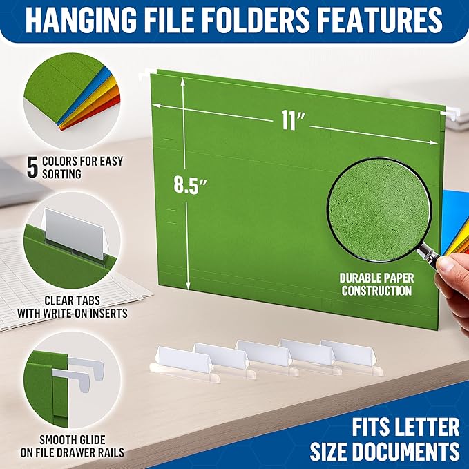 50 Pack Hanging File Folders Letter Size 8.5 x 11 - Colored File Folders Hanging with 1/5-cut Tabs - File Cabinet Folders - Letter Size Hanging File Folder Bulk - Hanging Folders for Filing Cabinet