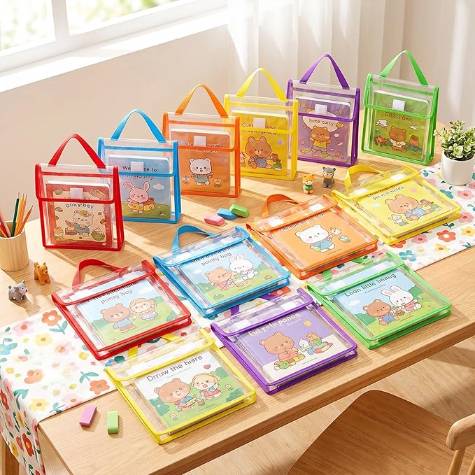 Teling 24 Pack Thick Clear Book Pouches with Blank Name Tags and Handles Book Baggies Bags Bins Organizer for School Classroom Library Pockets Students (14 x 11 & 10 x 12 Inch,Bright Color)