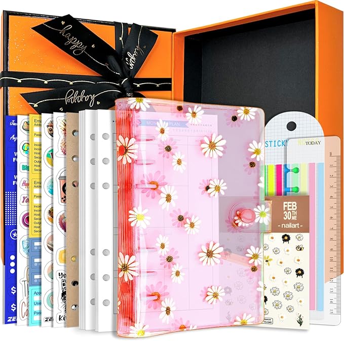 A6 A5 6-Holes Colorful PVC Cover Personal Organizer with Snap Button Closure File Folder for Loose Leaf Sheet Notebook (Pink Daisy, A6 Gift Box)