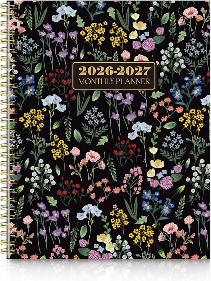 SKYDUE Monthly Planner 2026-2027, 24 Months Calendar Planner 2026-2027, 7.5" x 10" B5 Planner, Twin-wire Spiral Bound, Durable Waterproof Cover, Thick No-Bleed Paper, BlackFloral
