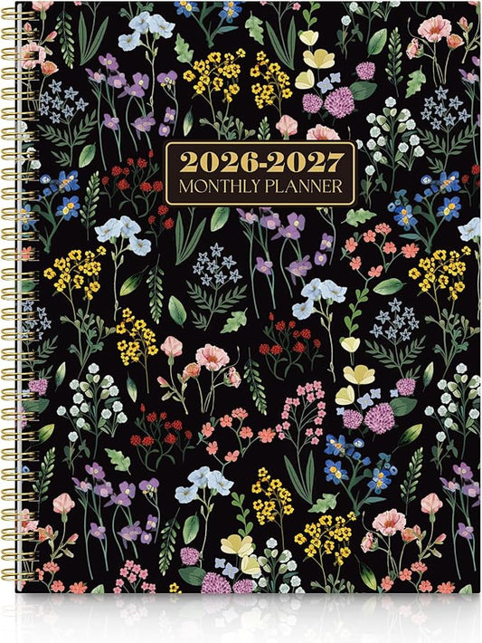 SKYDUE Monthly Planner 2026-2027, 24 Months Calendar Planner 2026-2027, 7.5" x 10" B5 Planner, Twin-wire Spiral Bound, Durable Waterproof Cover, Thick No-Bleed Paper, BlackFloral