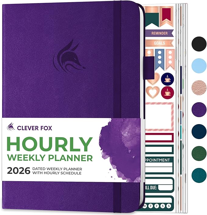 Clever Fox Dated Hourly Weekly Planner 2026 – Daily, Monthly & Yearly Agenda Organizer with Time Slots – Hardcover Journal, A5 Size (Purple)