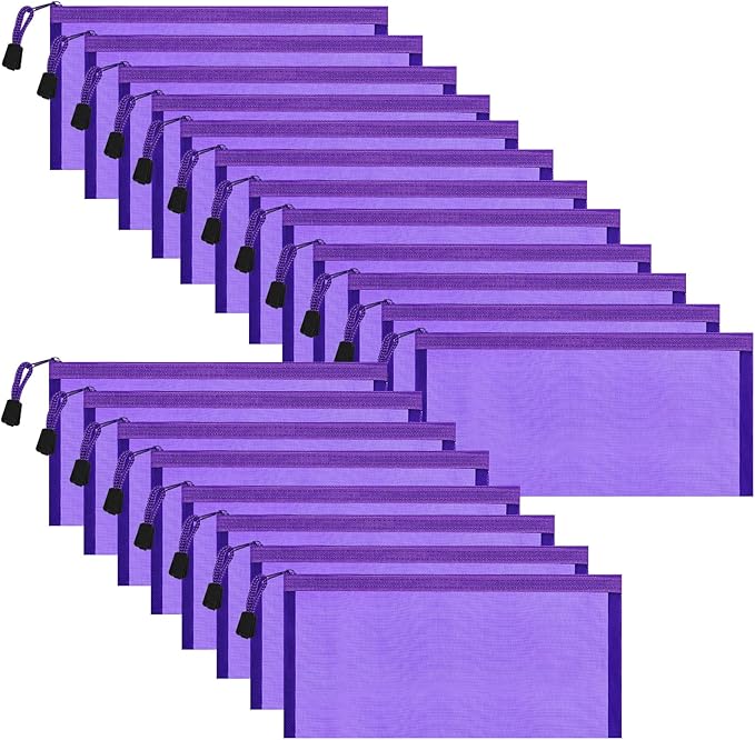 20 Pack Multicolored Zipper Mesh Pouch, Zipper Pencil Pouches Pen Bags, Multipurpose Travel Bags for Cosmetic School Office Supplies and Travel Accessories, 10 Colors (Purple)