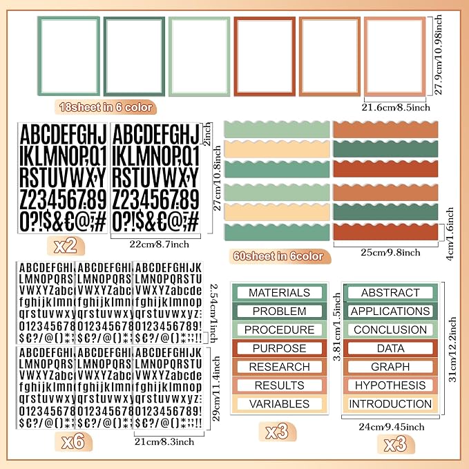 Sinload 92 Pcs Science Fair Board Supplies 60 Trim Scalloped Poster Boards 18 Presentation Subtitles 6 Project Titles 8 Letter Sticker for Classroom Display Boards(Boho Color,Wave)