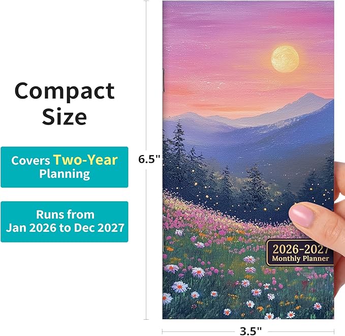 Pocket Calendar 2026-2027 for Purse, Two Year Monthly Planner Pocket Size 6.5" x 3.5", Jan 2026 - Dec 2027 Monthly Planner Small Calendar for School, Work and Home - Twilight Bloom