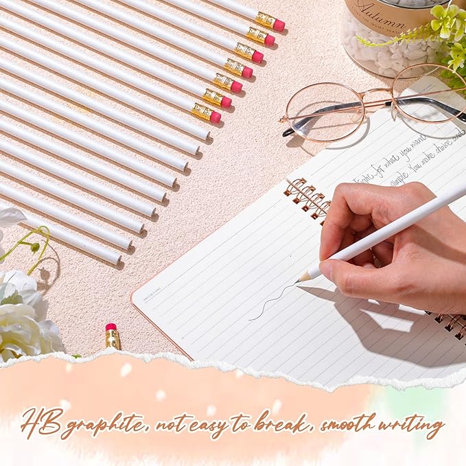 24 Pcs Round Pencils with Eraser 2 HB Cute Pencils Bulk for School Graphite Wood Color Unsharpened Pencil for Drawing Sketching Wedding School Teacher Supplies Student Reward(White)