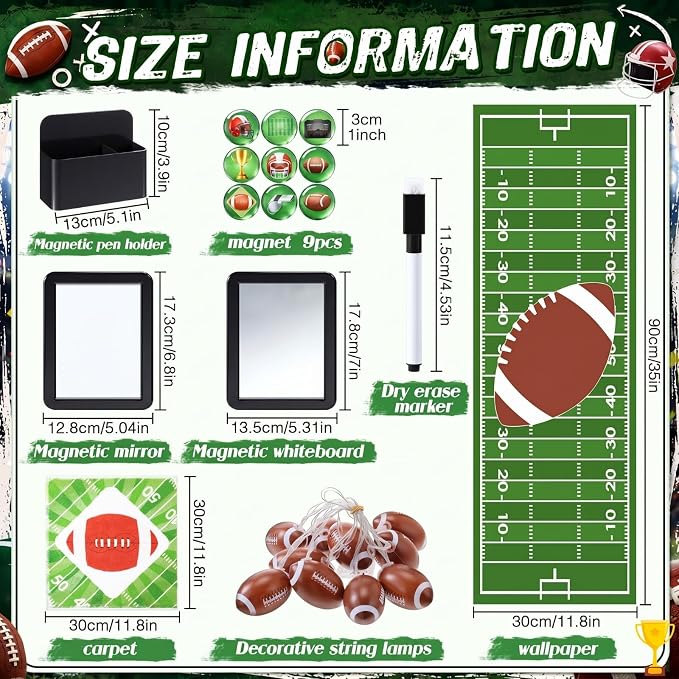 Kingdder 22 Pcs Rugby Theme Locker Accessories Kit Magnetic Wallpaper Mirror Whiteboard Marker Pen Holder Magnet Hook Football Rug String Light for Back to Essentials Locker Decorations
