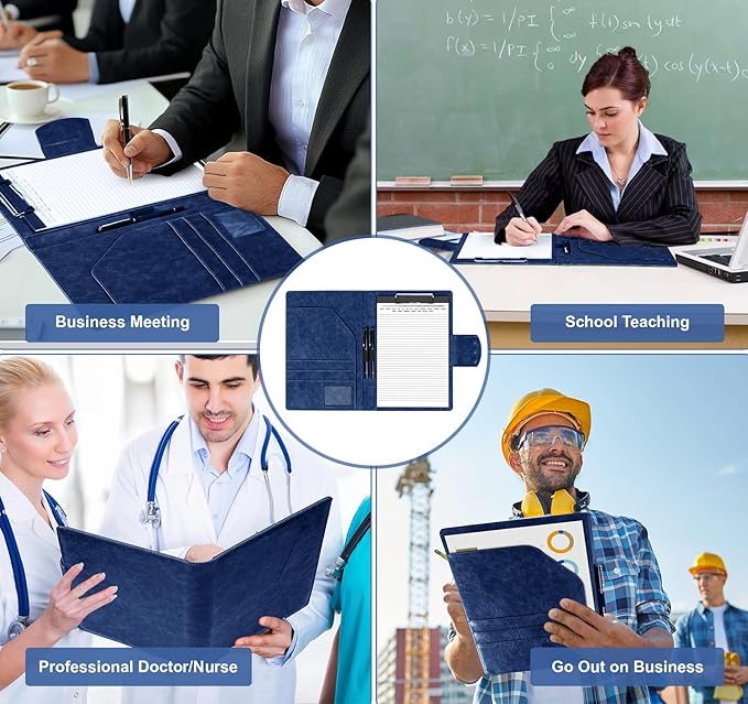 DIN A4 PU Leather Portfolio Folder Binder, Legal Pad Holder for A4 Letter Size Notepad, Magnetic Closure Business Clipboard with Cover Professional with 2 Pen for Men Women, Dark Blue