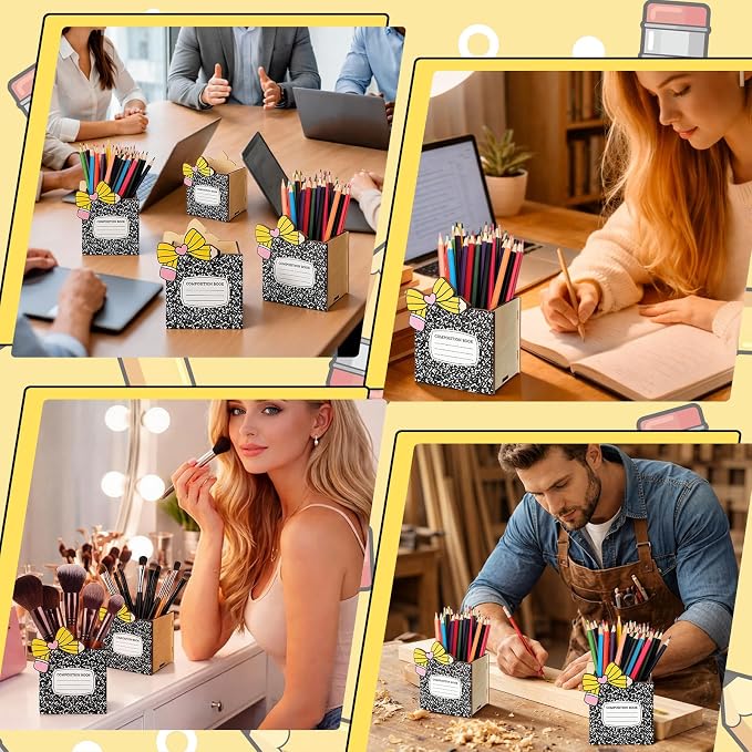 Zhehao 6pcs Composition Book Pencil Holders for Desk Back to School Notebook Wooden Pen Storage Organizer, Cute Desktop Pencil Cup, Stationery Pot Bulk for Back to School Classroom Office Supplies