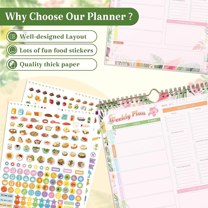 52-Week Meal Planner Notebook with Stickers – All-in-One Weekly Food Planner for a Whole Year, Includes Grocery Shopping Lists & Weekly Meal Plan Organizer for Healthy Eating, Meal Prep & Budgeting