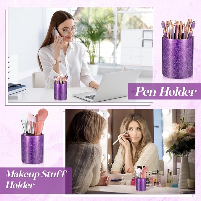 Sabary 8 Pcs Purple Pens with Pen Holder for Desk Glitter Crystal Diamond Cute Ballpoint Fancy Pencil Holder Bling Desk Organizer for Women Girls School Office Supplies Wedding Graduation Gifts