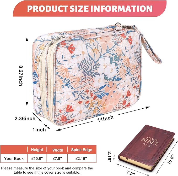 Bible Bag for Girls Organizer - Dual Zipper Compartments with 7 Pen Slots for Church Bible Study, Christian Gift for Teen (Floral-Beige)