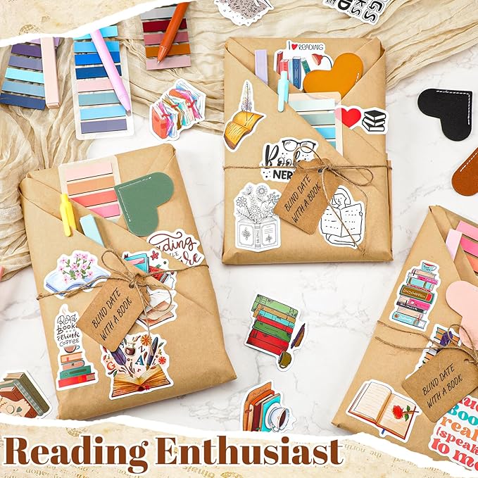 6 Set Blind Date with a Book Gift Box Supplies Excluding Books Bulk Leather Bookmarks Sticker Kraft Tags Pens Wrapping Papers Bookish Readers Back to School Graduation Book Lovers Club Gifts