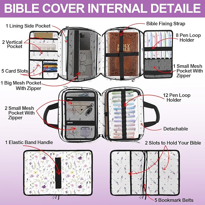 Floral Bible Cover for Women,Bible Carrying Case for Girls,Large Bible Bag for Woman Organizer,White Flower Bible Holder,Bible Study Supplies Kit with Highlighters,Tabs,Pens,Christian Gift
