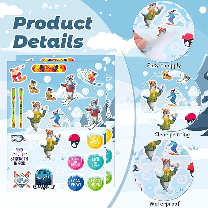 Crtiin 50 Sheets VBS Snowball Mountain Stickers Vacation Bible School Craft Themed Adhesive Stickers, Religious Adventure Decals for Sunday School, Kids Bible Crafts & Activity Reward