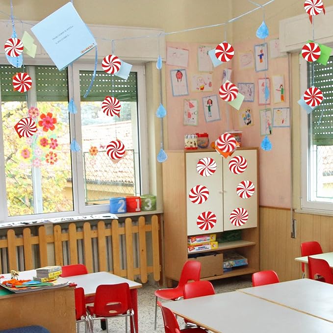 48 Pieces Peppermint Candies Cutouts Christmas Home Classroom Decoration Sweet Peppermint Cut Outs with Glue Point Dots for Winter Bulletin Board School Christmas Party, 5.9 x 5.9 Inch(Red & White)