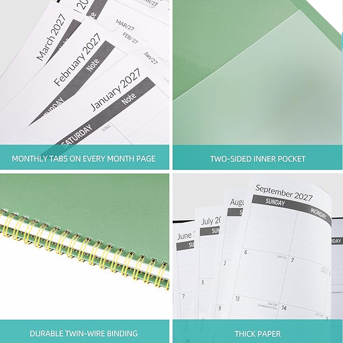 2027-2031 Monthly Planner 5 Year Monthly Planner/Calendar 2027-2031, Jan 2027 – Dec 2031, 9" x 11", Tabs, Double-Side Pocket, Holidays, Thick Paper - Green
