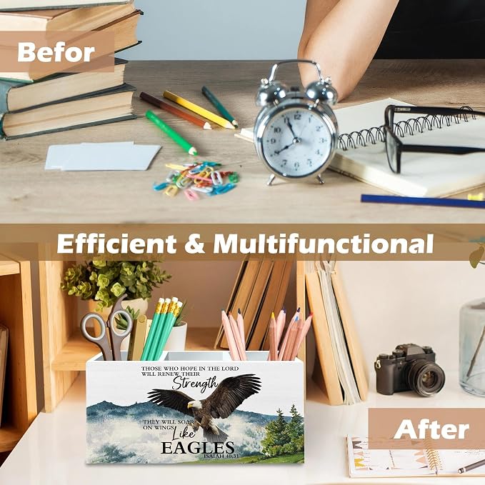 DILSJ Christian Inspirational Eagle Pen Pencil Holder Organizer for Desk, Inspirational Gifts for Women, Bible Verse Eagle Wooden Box Signs for Home Office Desk Tabletop Decoration