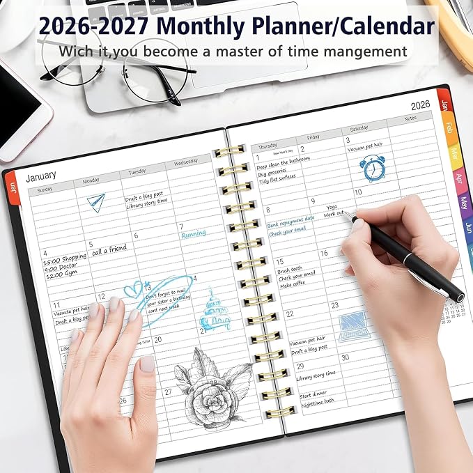 Daily Planner 2026-2027, 18 Month Planner with Tabs, January 2026 - June 2027 Weekly and Monthly Agenda Year Calendar Spiral Time Management, 100GSM Thick Paper, Twin-Wire Binding, A5 Size, Black