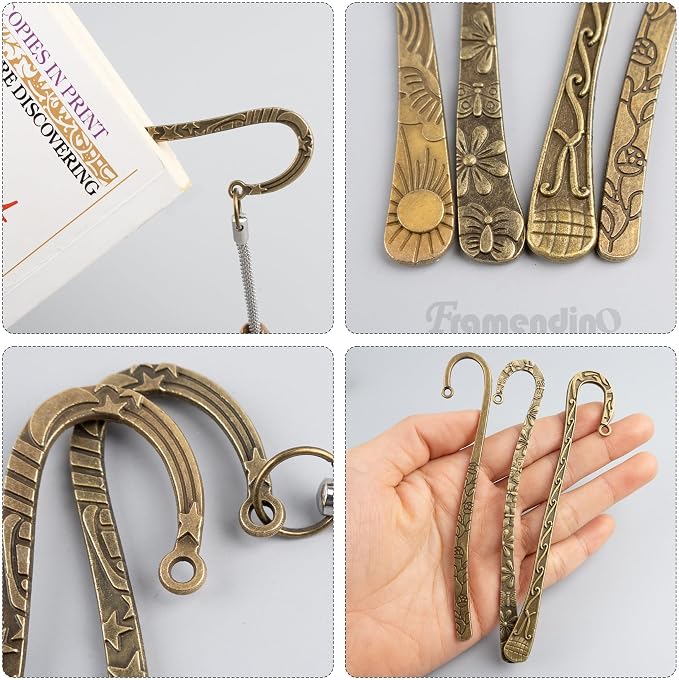 Framendino, 12 Pack Metal Bookmarks, Antique Vintage Bookmark Hooks, Flower Carved Hairpin Stripe Book Marks with Loop for DIY Jewelry Making Charms